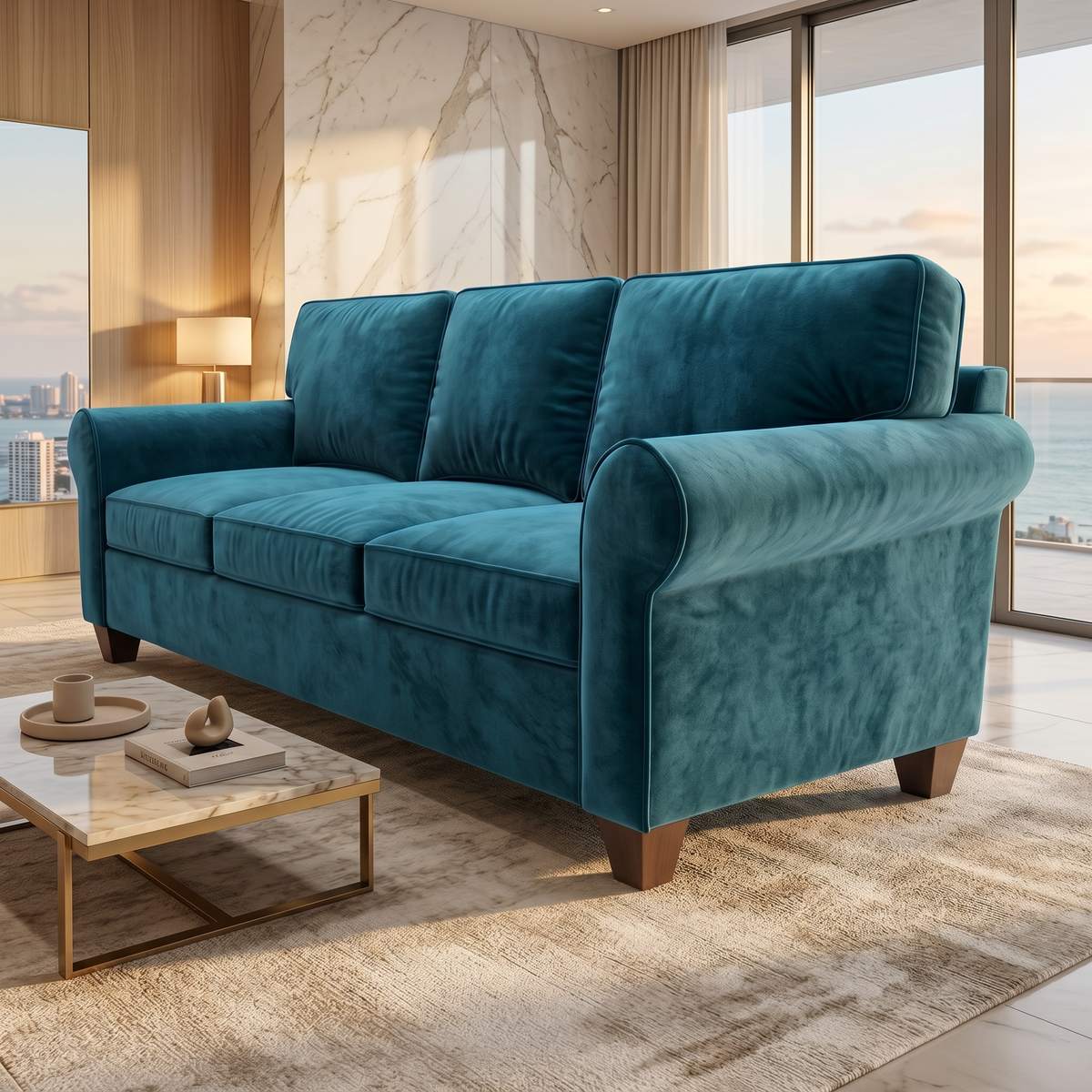Augusta Sofa – Made in USA, Custom Fabric Options, 83" Classic Design - Velvet Antique Peacock - Velvet (3)