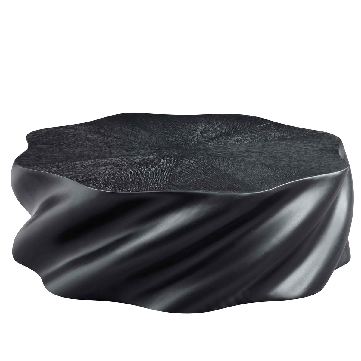 Modern Black Fiberglass Petal Shape Coffee Table 35" Round with Root Texture Fluted Base