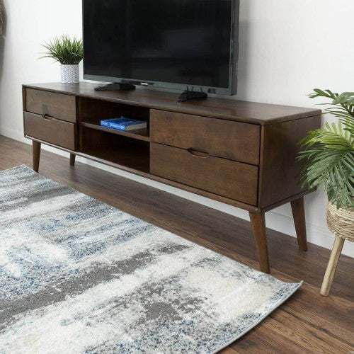 Adrian MCM Solid Wood Media Console TV Stand – 71” Walnut Entertainment Center (Fits Up to 72” TVs) in living room setting.