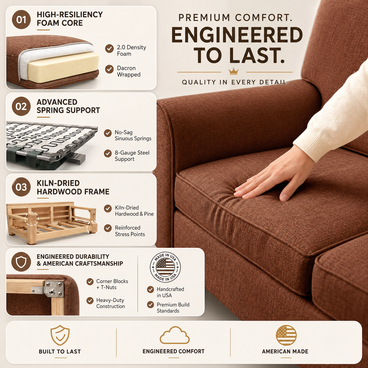 Augusta Sofa – Made in USA, Custom Fabric Options, 83" Classic Design - Insight Russet - Fabric (12)