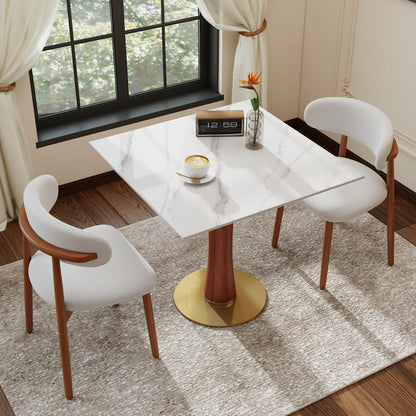 Brockwell White Sintered Stone Dining Table – 33.5" Square 2-Person Table with Gold Base