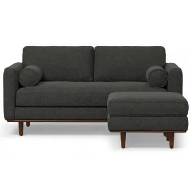 Morrison MCM Fabric Loveseat Sofa 72" – Modern Mid-Century Compact Loveseat (2 Colors) in dark fabric with wooden legs.