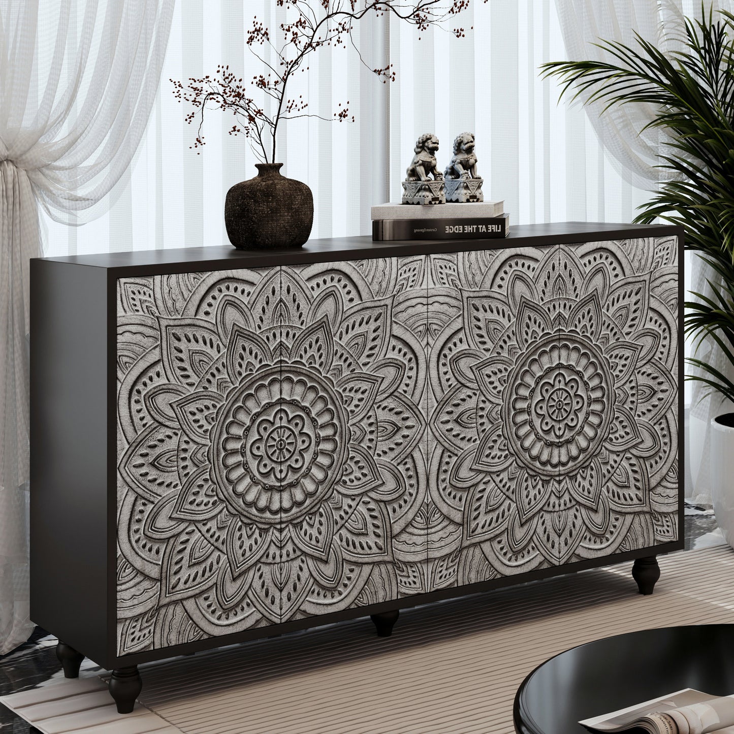 Odalys Carved Mandala Sideboard – 60" Boho Farmhouse Buffet Cabinet