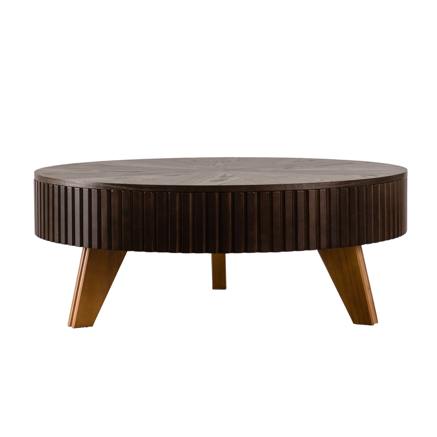 Magnus Brown Round Storage Coffee Table – 39" Retro Three-Leg Coffee Table