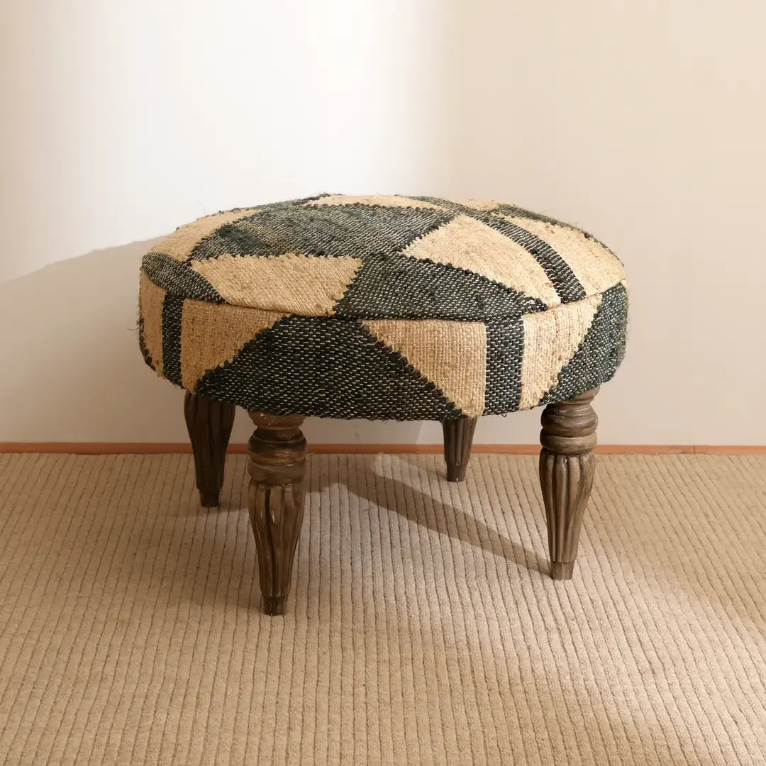 Woven Geometric Pattern Accent Stool 24x16" Jute Fabric