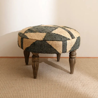 Woven Geometric Pattern Accent Stool 24x16" Jute Fabric