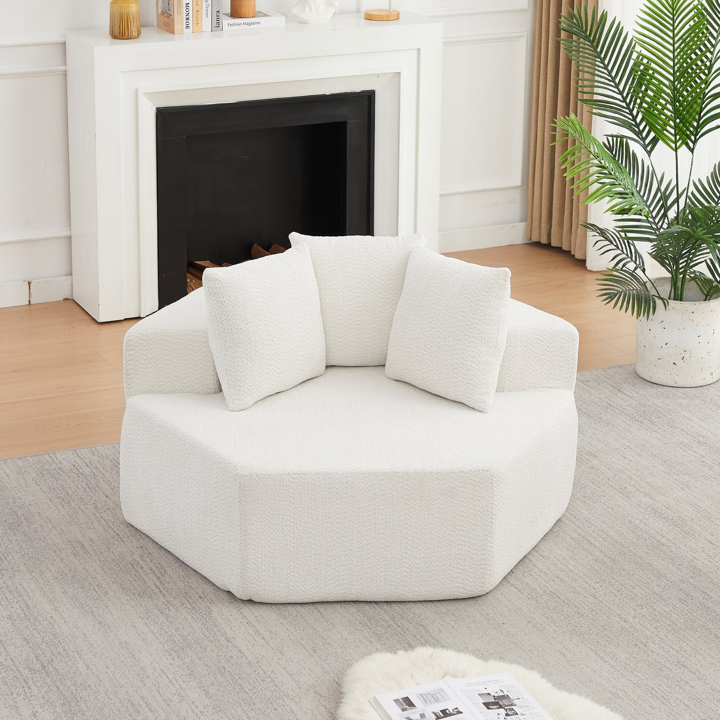 Birchwood Chenille Hexagonal Lounge Chair – 54" Modular Single Seat, Beige