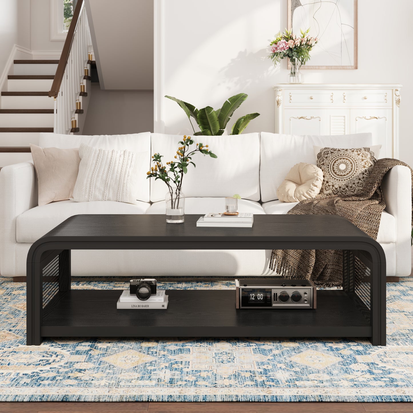 Selby Curved Coffee Table – Rattan Sides, 2-Tier Storage