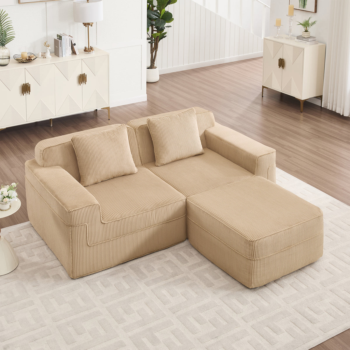 Modular 2 Seat L Shape Sectional Boneless Sofa, Corduroy Fabric