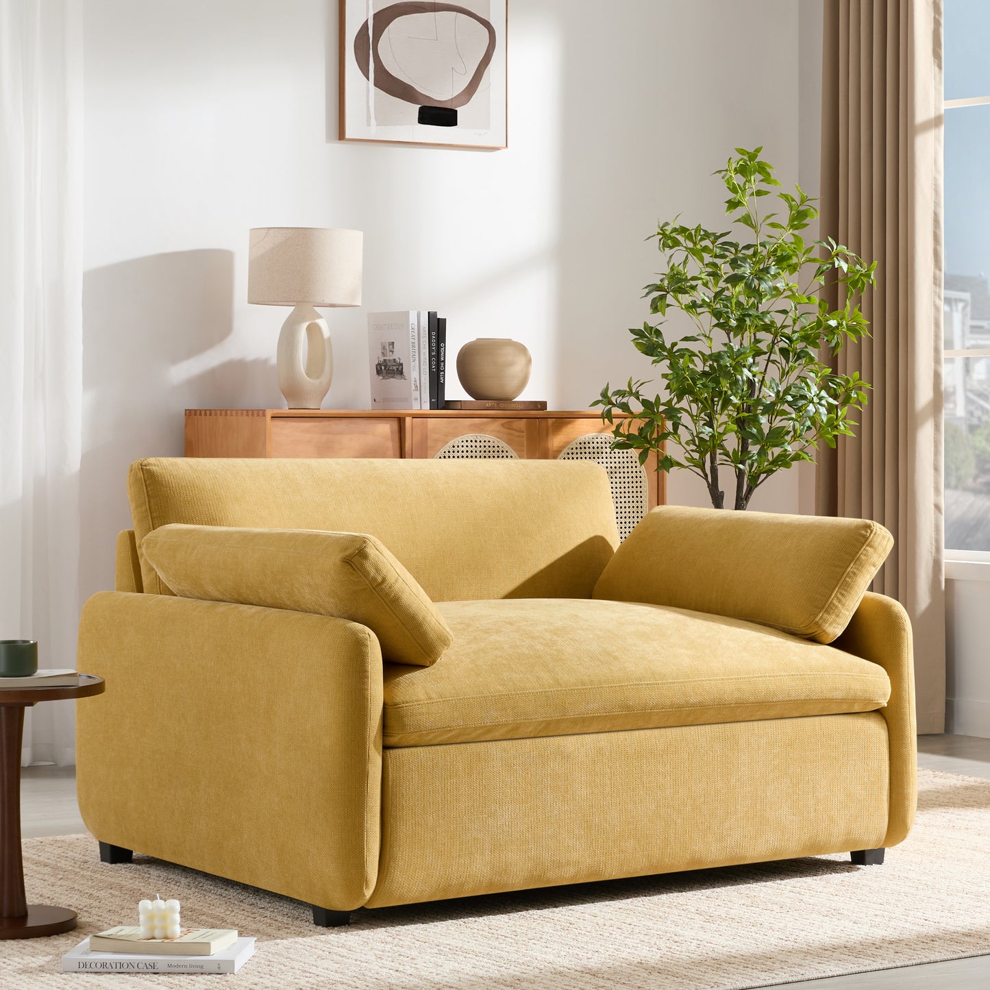 Galloway Yellow Chenille Oversized Accent Chair – 50" Wide Deep-Seat Armchair with Pillows