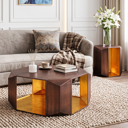 Nerissa Antique Copper Aluminum Coffee Table Set – 2-Piece Geometric Coffee & End Table