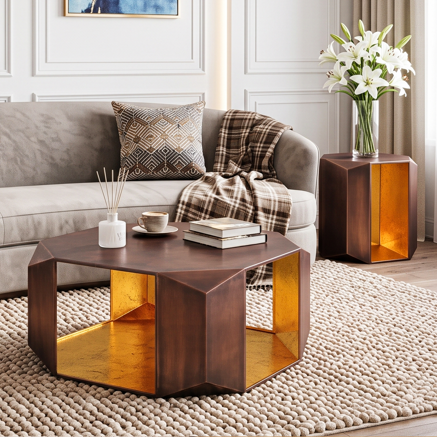 Nerissa Antique Copper Aluminum Coffee Table Set – 2-Piece Geometric Coffee & End Table