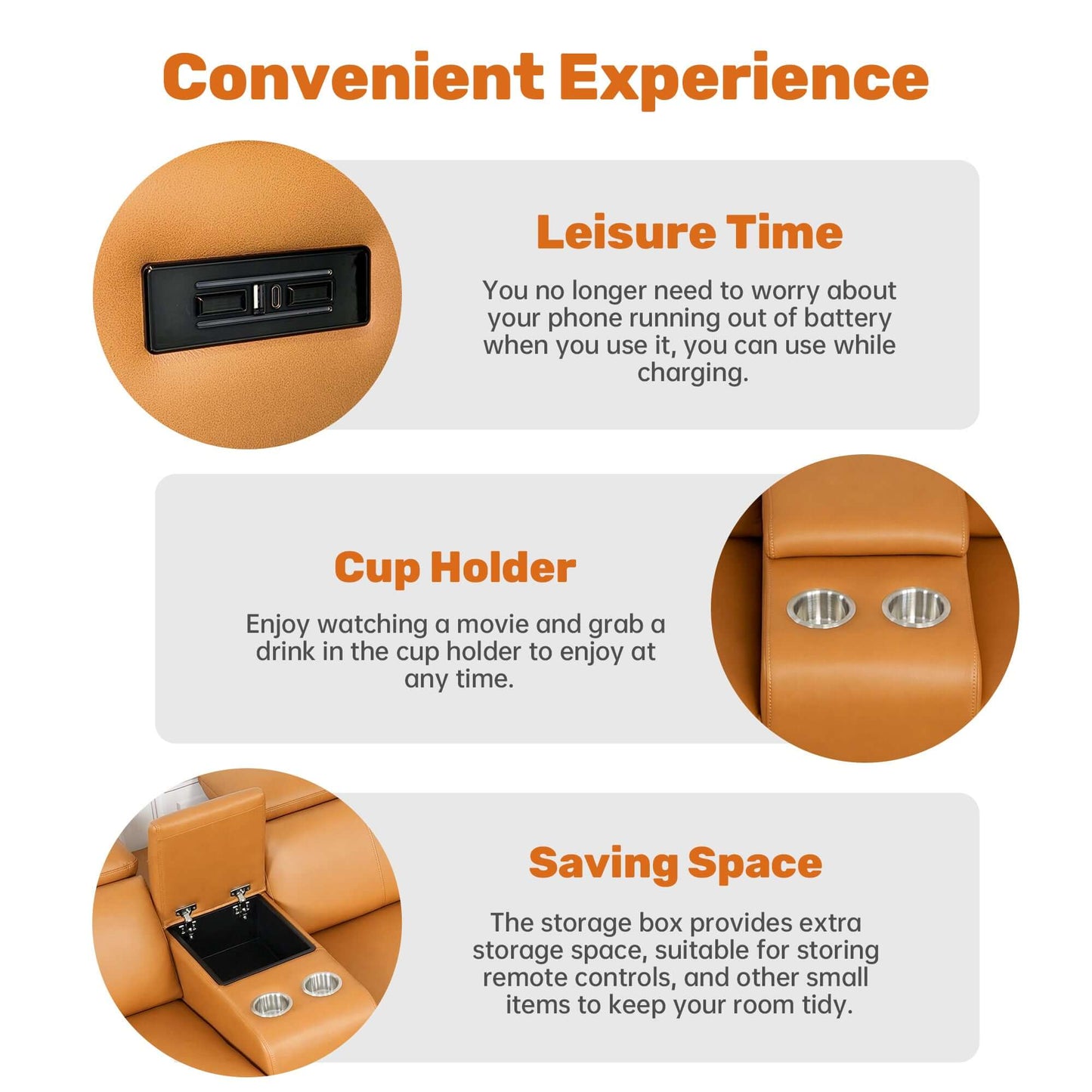 118" Modular Leather Recliner Sectional Sofa – 3-seat Power Reclining Sofa with Cup Holders features cup holders for leisure time.