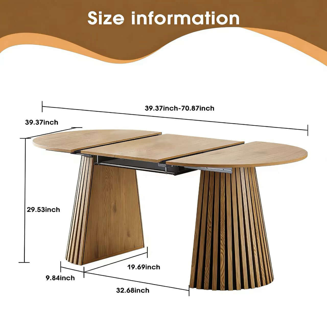 Size information for Modern Extendable Oval Dining Table, dimensions in inches, showcasing the table's adaptability and design.