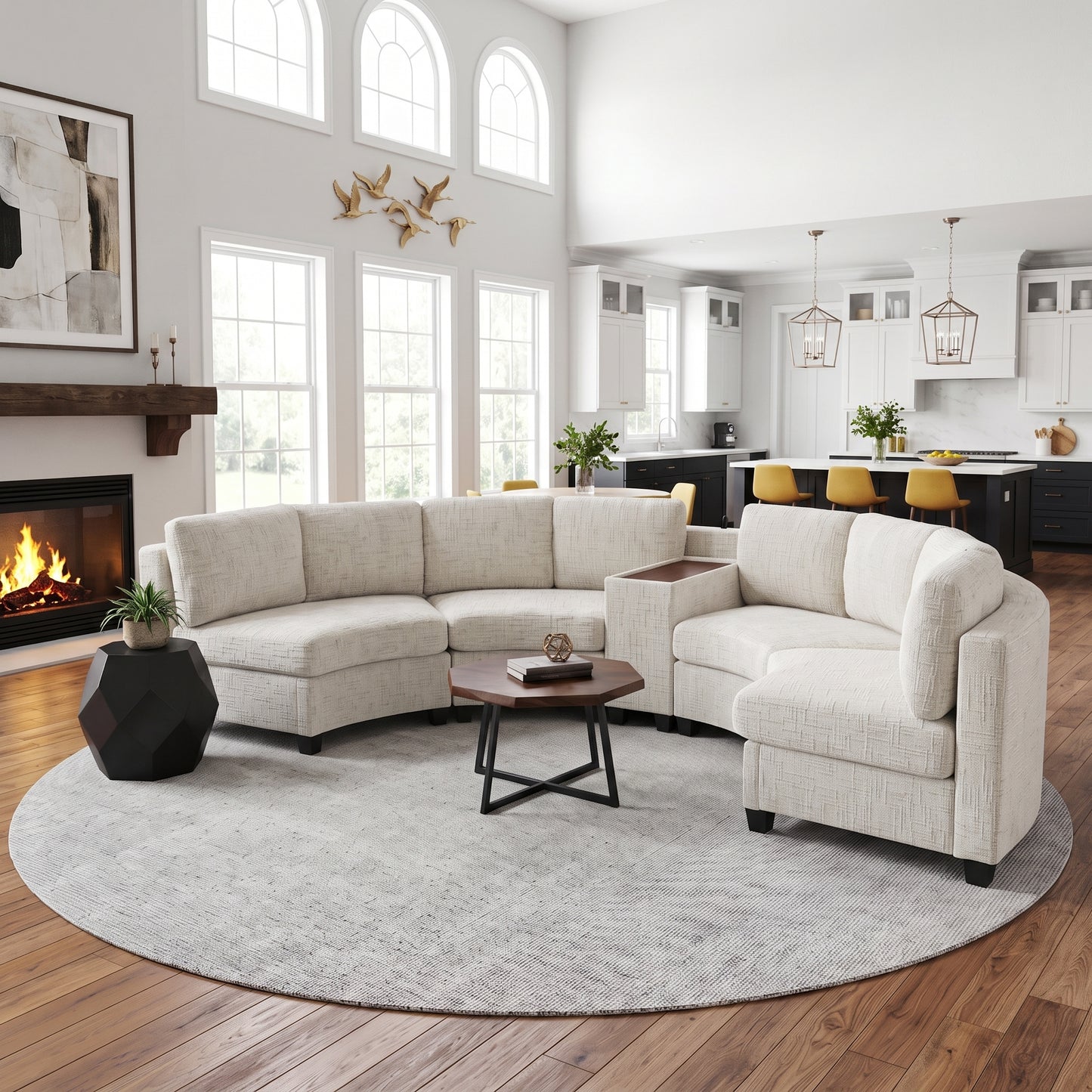 Faelan Curved Chenille Modular Sectional Sofa – 4-Seat Console Sofa with USB & Wireless Charging, 2 Colors - Beige (4)