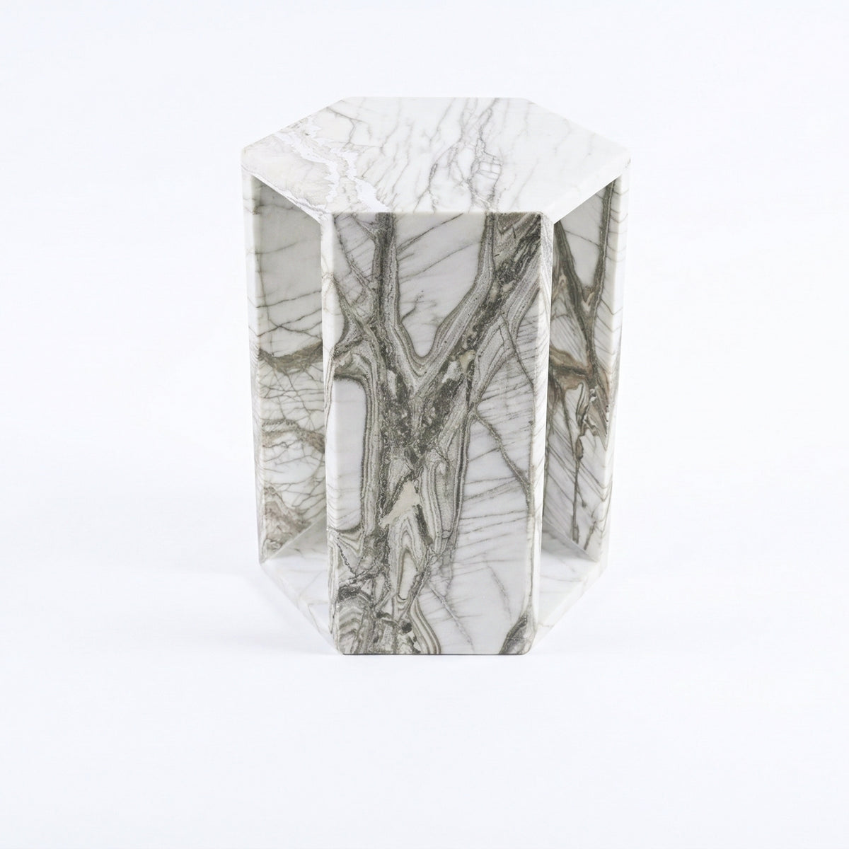 Genuine White Marble Hexagon Side Table - 15.7" Modern Geometric Stone End Table with Natural Veining - Polished Glossy Pedestal Nightstand & Small Spaces