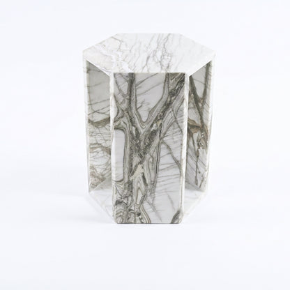 Genuine White Marble Hexagon Side Table - 15.7" Modern Geometric Stone End Table with Natural Veining - Polished Glossy Pedestal Nightstand & Small Spaces
