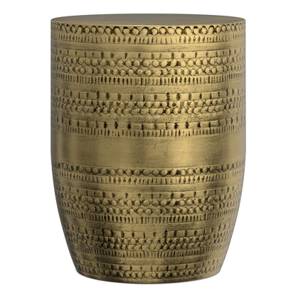 Johnsen 15 inch Wide Tribal Pattern Metal Accent Table in Antique Gold - Boho Style with Solid Metal Frame and Marble Top