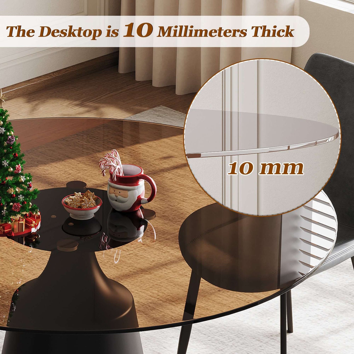 Round Mid-Century Modern Dining Table with Glass Top 35" showcasing 10mm thick black tempered glass tabletop.