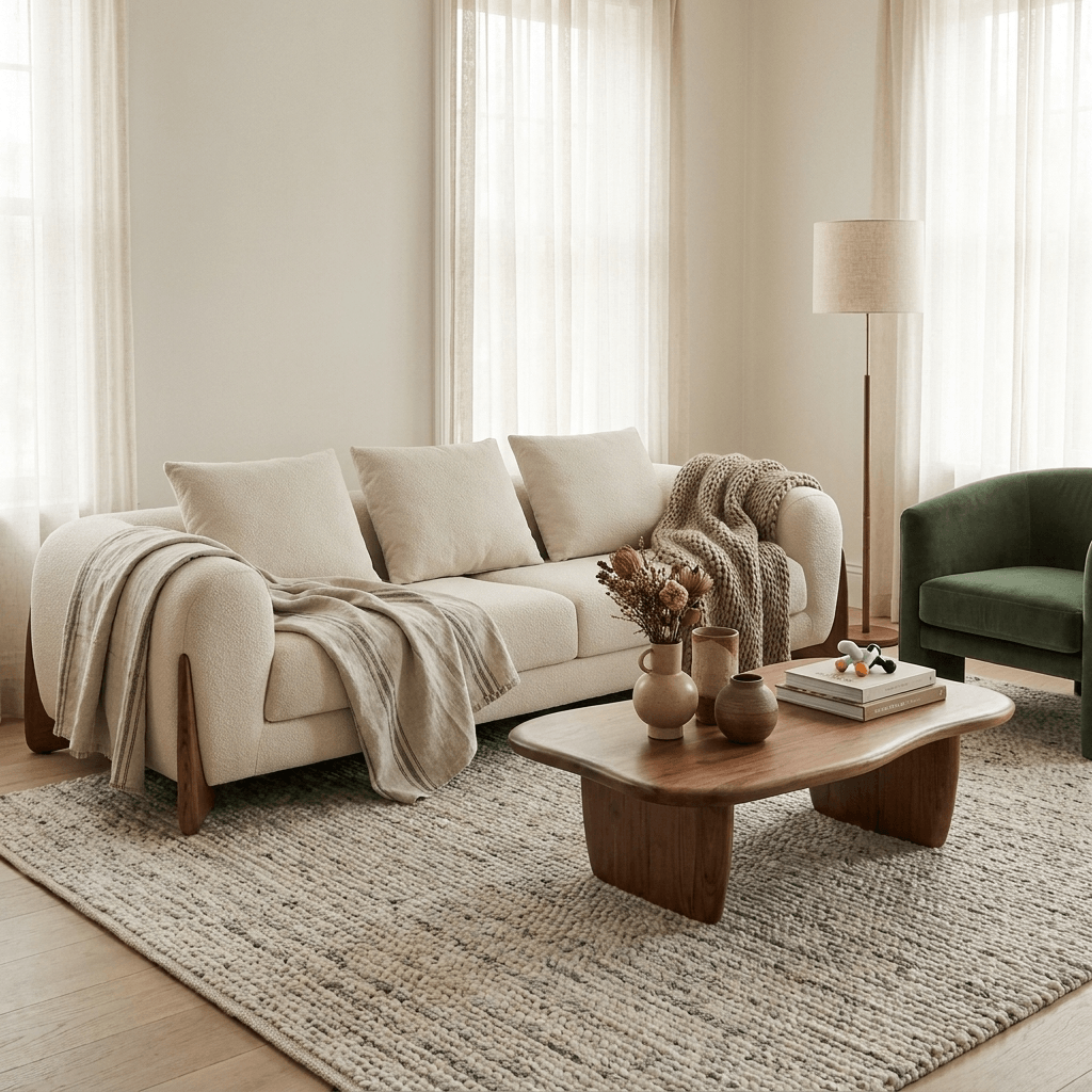 100" Cream Fabric Sofa with Brown Wood Legs & Rounded Arms in a cozy living room setting.