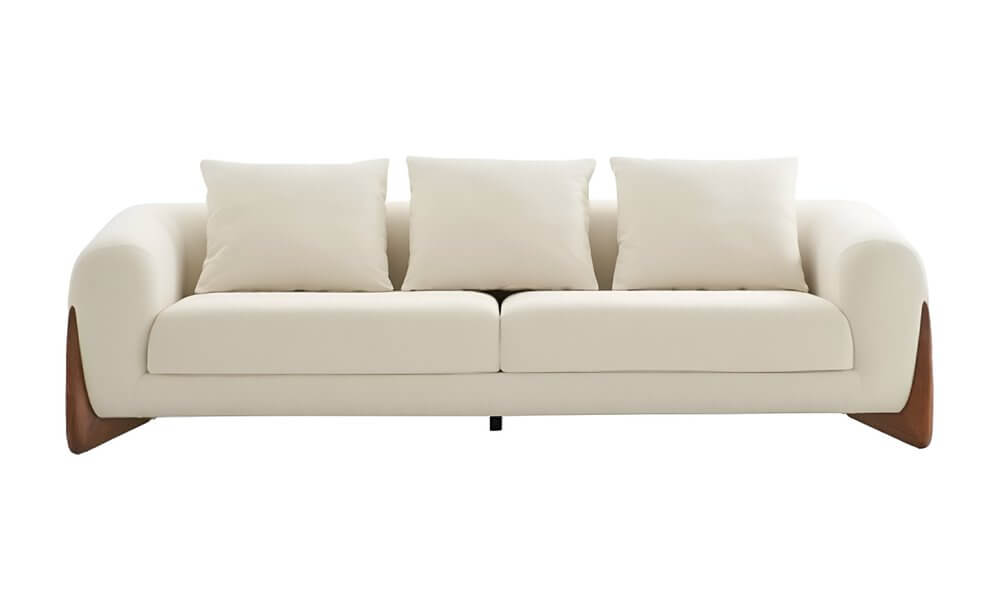 100" Cream Fabric Sofa with Brown Wood Legs & Rounded Arms featuring soft cushions and a contemporary design.