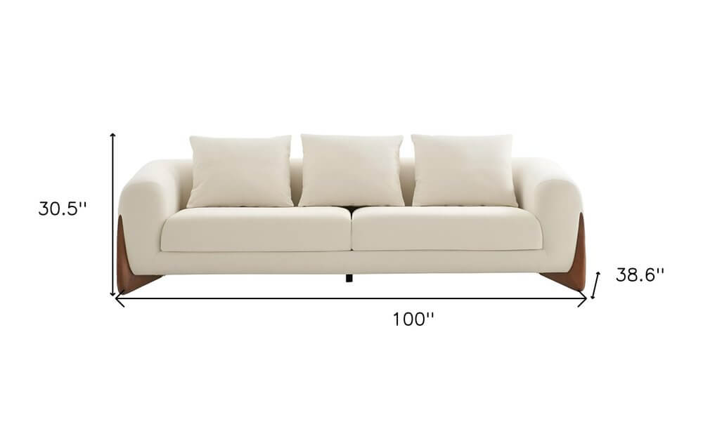 100" Cream Fabric Sofa with Brown Wood Legs & Rounded Arms dimensions and front view showcasing its soft contemporary design.