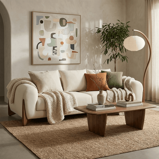 100" Cream Fabric Sofa with Brown Wood Legs & Rounded Arms in a stylish living room setting.
