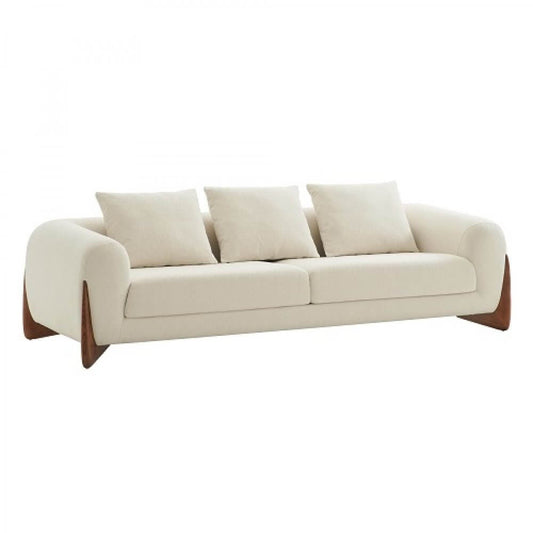 100" Cream Fabric Sofa with Brown Wood Legs & Rounded Arms for spacious and stylish living room seating.