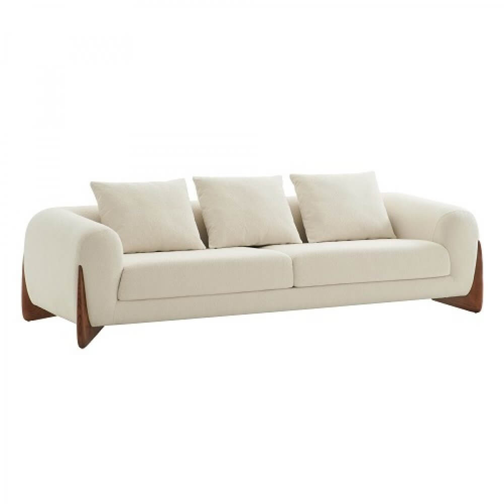100" Cream Fabric Sofa with Brown Wood Legs & Rounded Arms for spacious and stylish living room seating.
