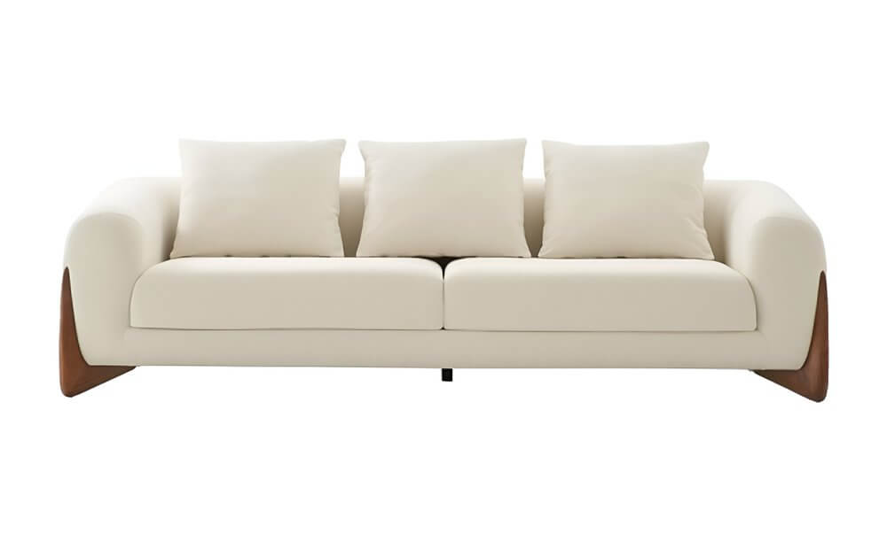 100" Cream Fabric Sofa with Brown Wood Legs & Rounded Arms, featuring soft cream upholstery and plush cushions.