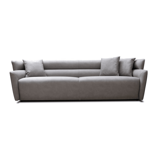100" Gray Top-Grain Leather Sofa with Flared Arms & Black Metal Legs, showcased in a luxurious modern design.