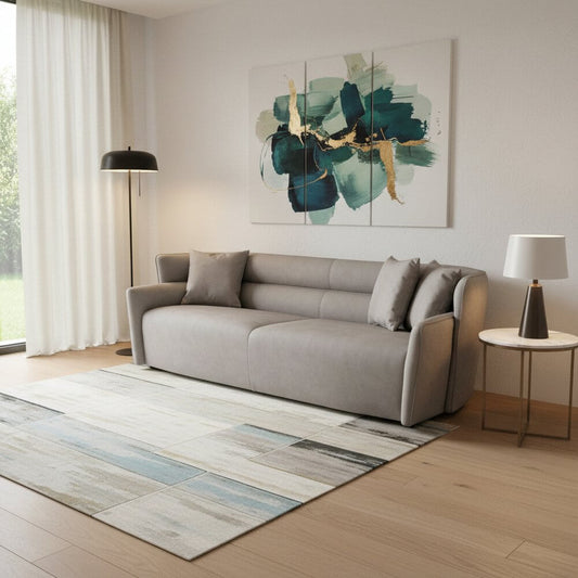 100" Gray Top-Grain Leather Sofa with Flared Arms & Black Metal Legs in a modern living room setting.