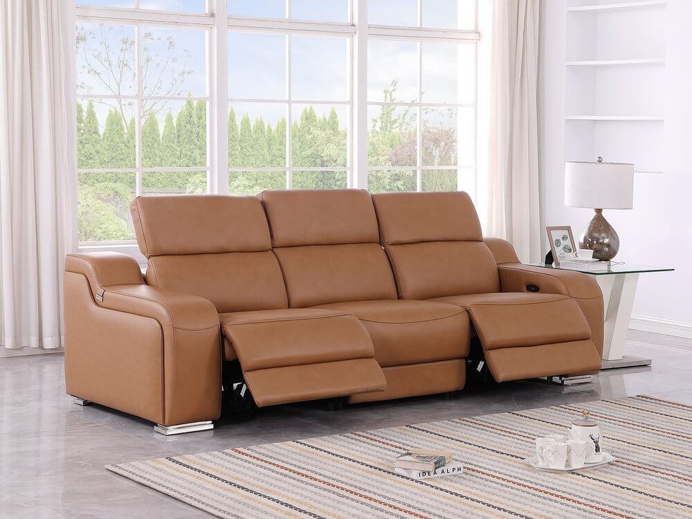 103" Italian Leather Reclining USB Sofa | Power Recliner Couch in a modern living room setting.