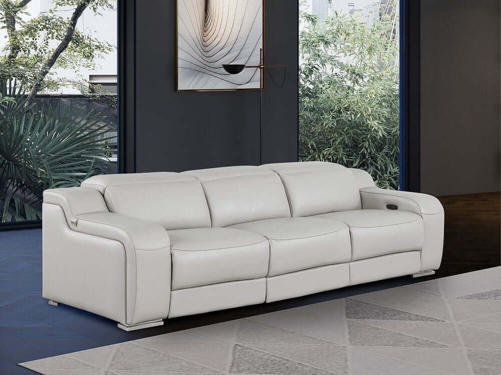 103" Italian Leather Reclining USB Sofa | Power Recliner Couch in modern living room setting.