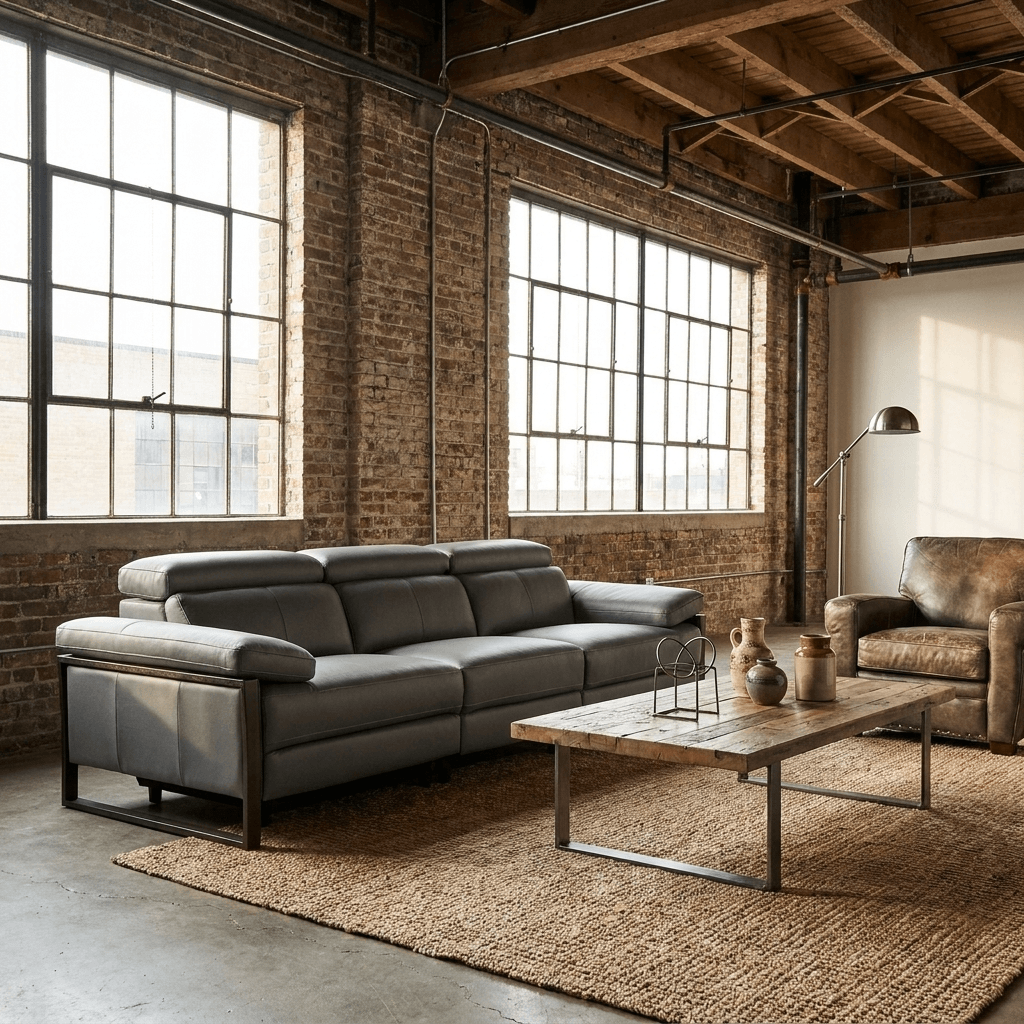 103" Dark Gray Top Grain Leather Power Reclining Sofa with USB & Metal Legs in a modern living room setting.