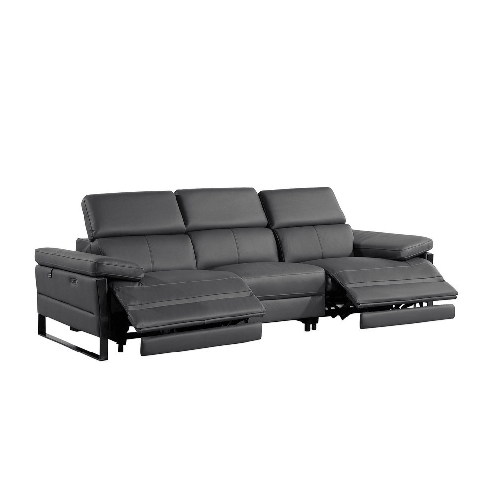103" Dark Gray Top Grain Leather Power Reclining Sofa with USB & Metal Legs in a modern living room setting.
