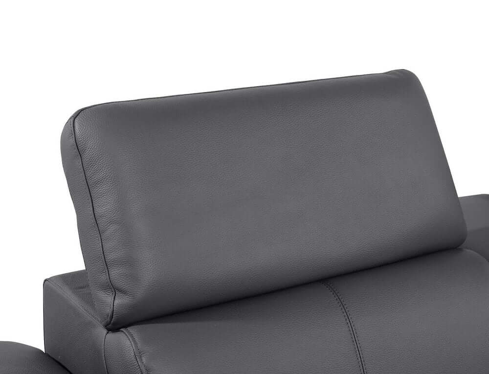 Close-up view of the headrest on the 103" Dark Gray Top Grain Leather Power Reclining Sofa with USB & Metal Legs.