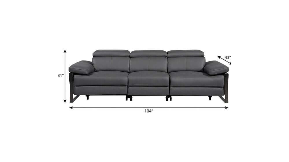 103" Dark Gray Top Grain Leather Power Reclining Sofa with USB & Metal Legs dimensions 104" x 31" x 43"