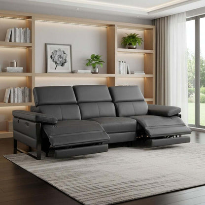 103" Dark Gray Top Grain Leather Power Reclining Sofa with USB & Metal Legs in modern living room interior.