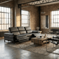 103" Dark Gray Top Grain Leather Power Reclining Sofa with USB & Metal Legs in a modern industrial living room.