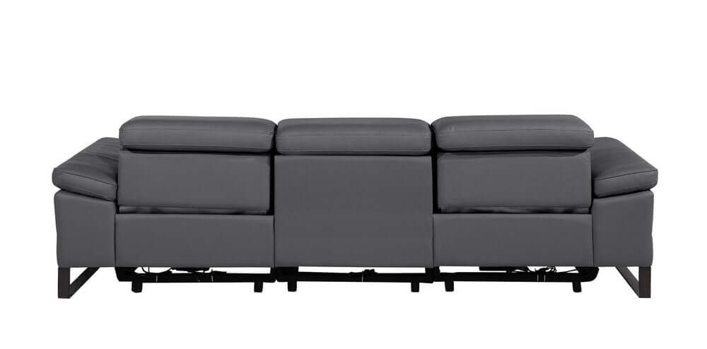 103" Dark Gray Top Grain Leather Power Reclining Sofa with USB & Metal Legs, back view showcasing modern design and premium leather.