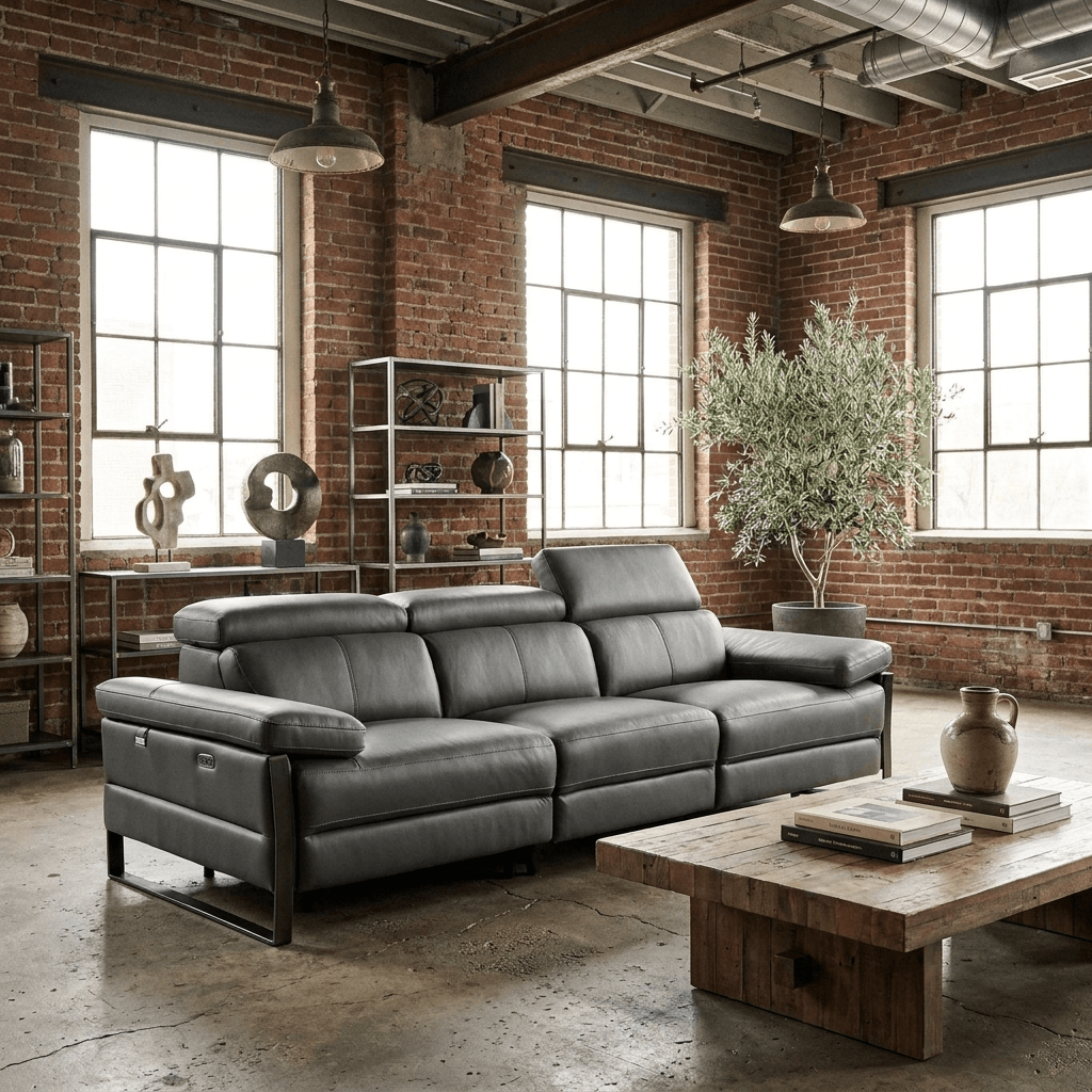 103" Dark Gray Top Grain Leather Power Reclining Sofa with USB & Metal Legs in a stylish living room setting.
