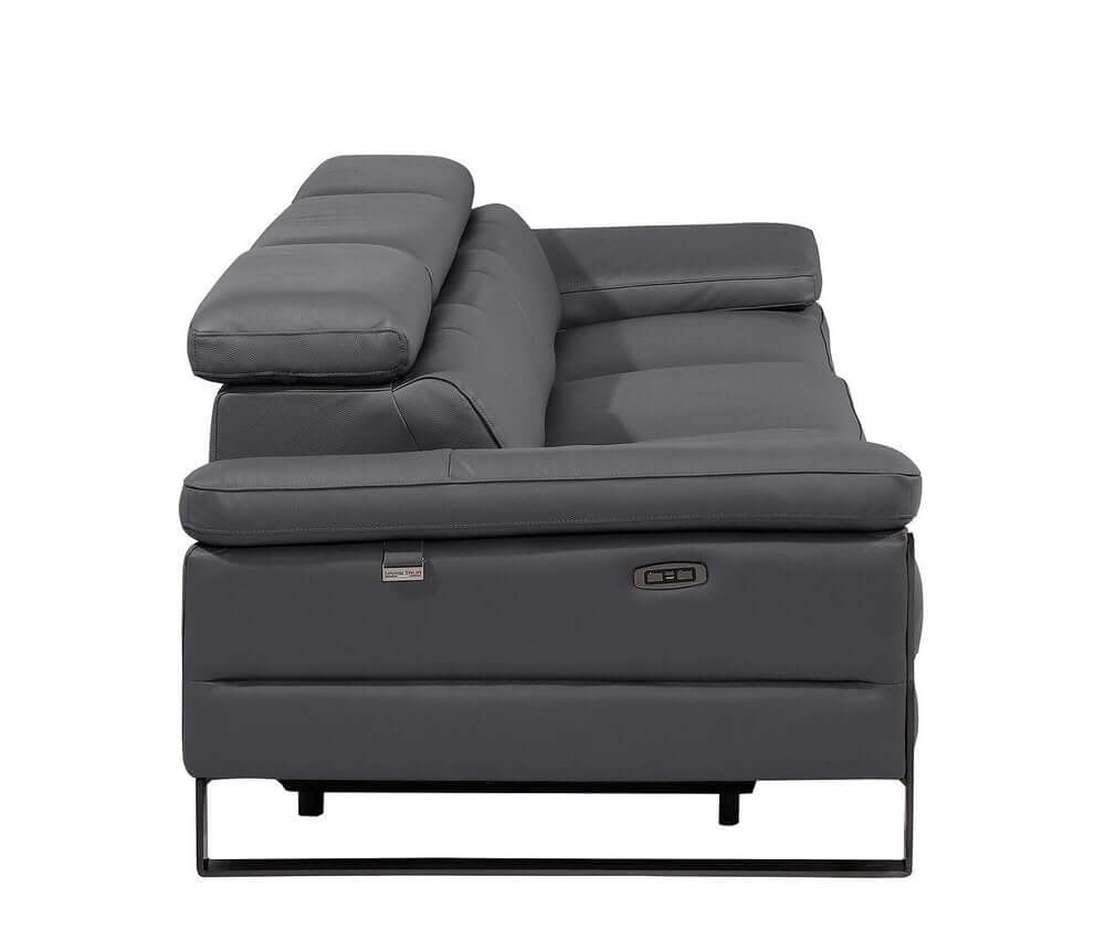 103" Dark Gray Top Grain Leather Power Reclining Sofa with USB & Metal Legs side view showcasing sleek design and reclining feature.
