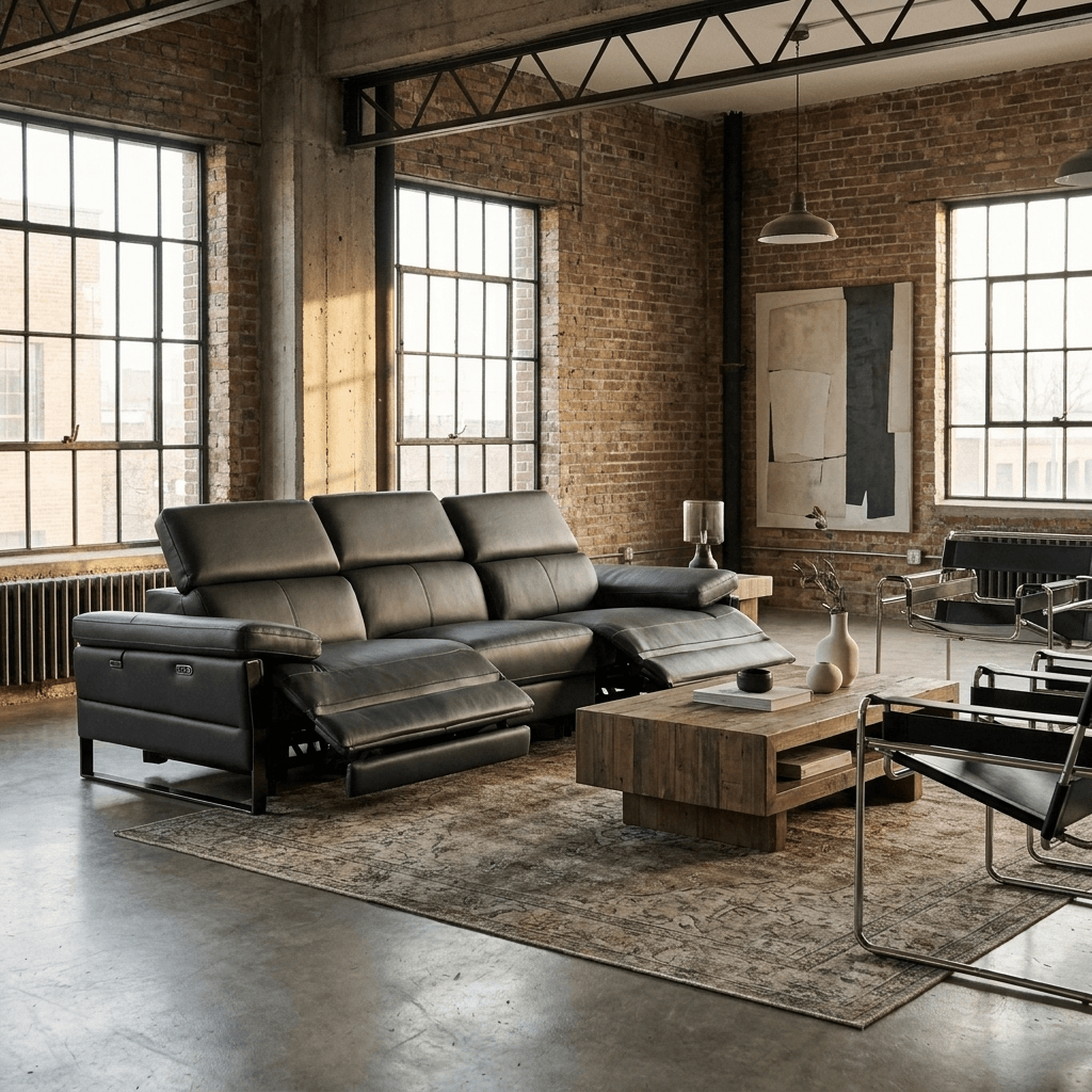 103" Dark Gray Top Grain Leather Power Reclining Sofa with USB & Metal Legs in a modern industrial living room.