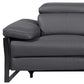 103" Dark Gray Top Grain Leather Power Reclining Sofa with USB & Metal Legs detail view showcasing armrest and sleek design.
