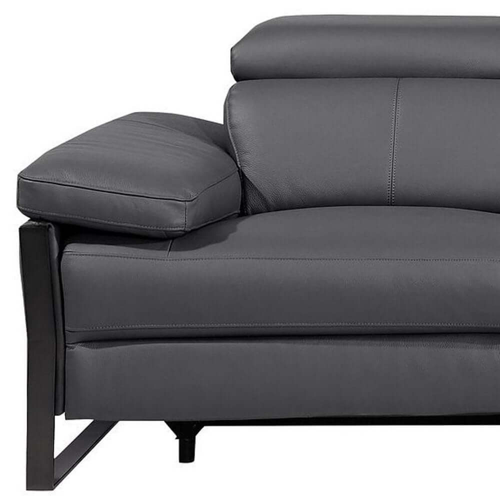 103" Dark Gray Top Grain Leather Power Reclining Sofa with USB & Metal Legs detail view showcasing armrest and sleek design.