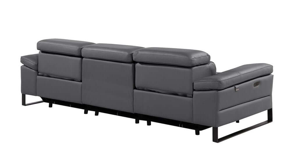 103" Dark Gray Top Grain Leather Power Reclining Sofa with USB & Metal Legs side view, showcasing sleek modern design and comfort.
