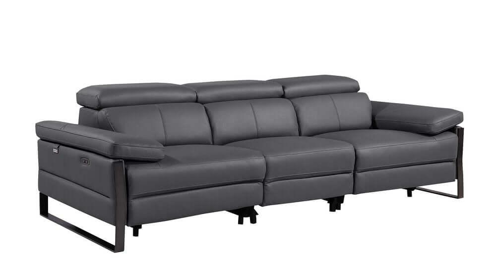 103" Dark Gray Top Grain Leather Power Reclining Sofa with USB & Metal Legs, modern design and luxurious comfort.