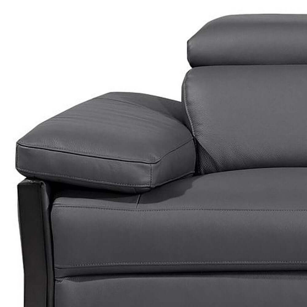 Close-up view of the 103" Dark Gray Top Grain Leather Power Reclining Sofa with USB & Metal Legs showcasing plush armrest.