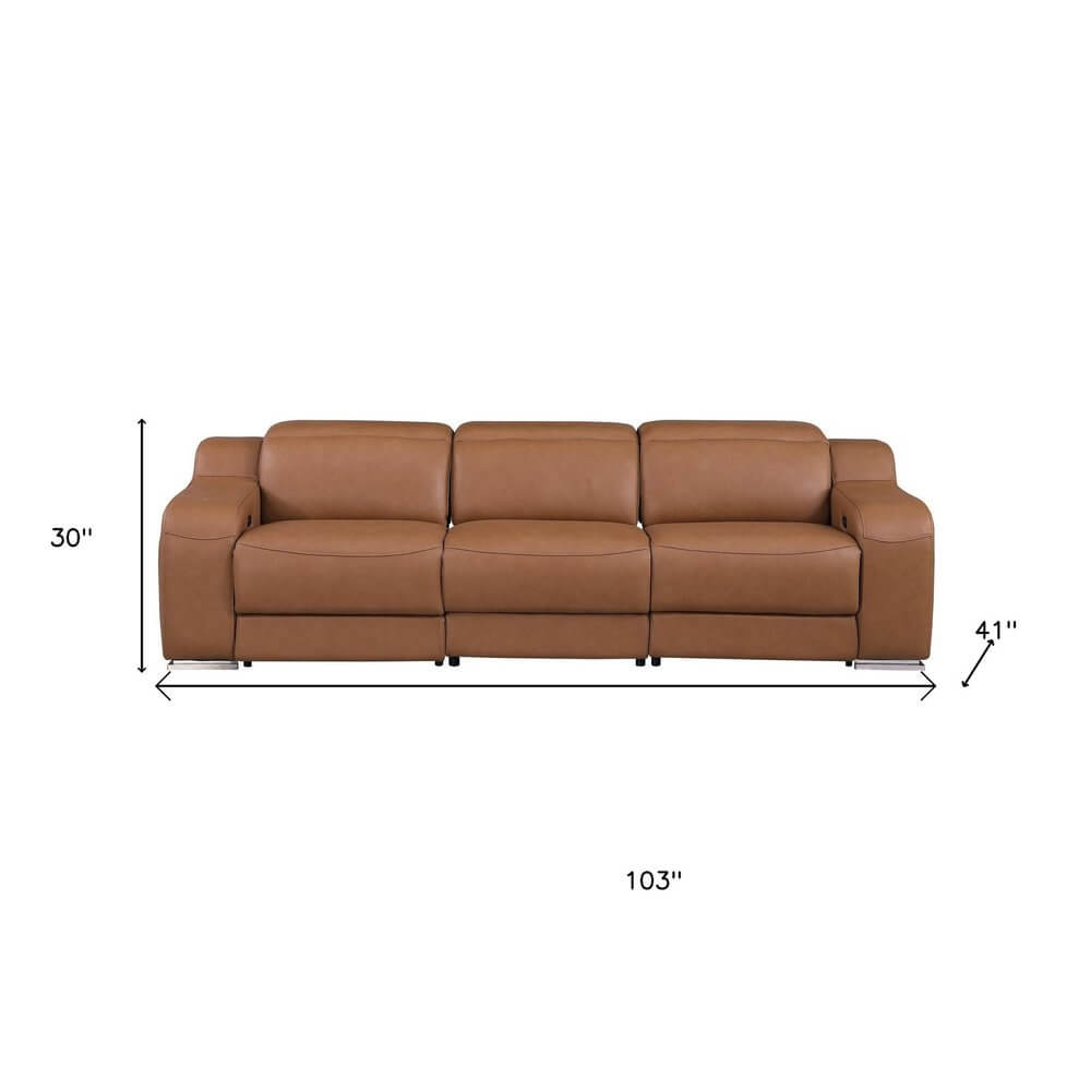 103" Italian Leather Reclining USB Sofa | Power Recliner Couch dimensions 30" H, 41" D, 103" W, showcasing modern luxury furniture.